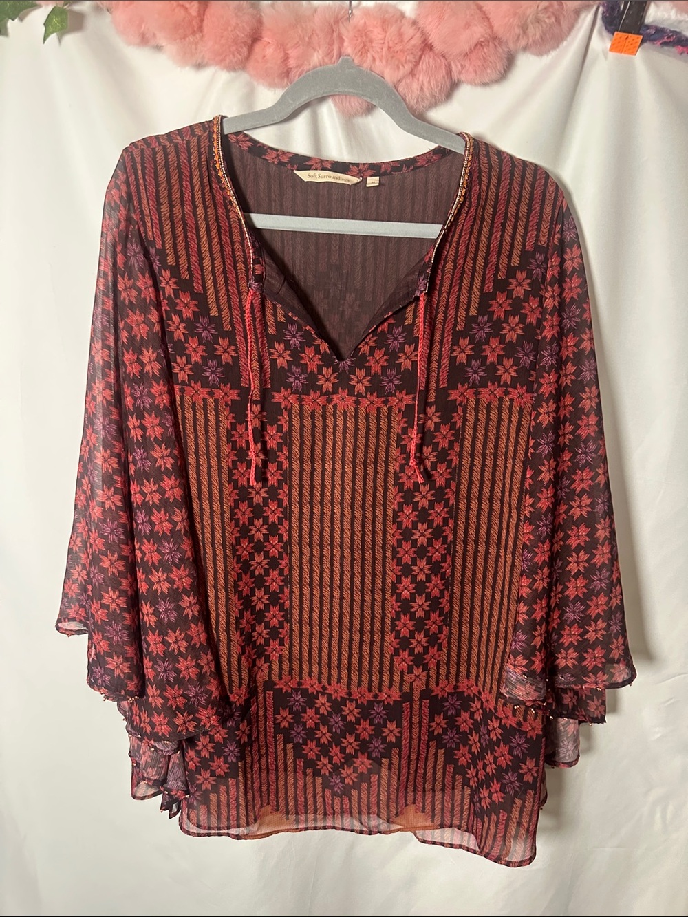 Soft Surroundings Red and Burgundy Floral Stripe Boho poncho beaded Tunic